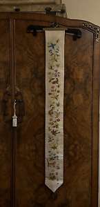 Vtg Crewel Embroidery Bell Pull Floral Linen Handmade Hanger 47 5x5 Fauna Flora