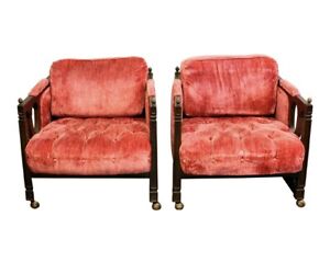 2 Mid Century Hollywood Regency Tufted Pink Velvet And Wood Club Chairs A Pair