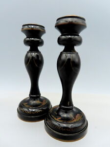 Antique Ebony Candlesticks Hand Painted Egyptian Revival Wood Turned Wooden Pair