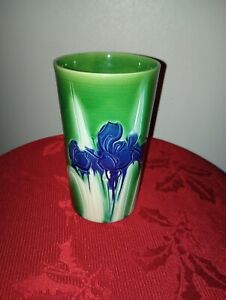 Antique Awaji Incised Art Nouveau Blue Green Iris Vase Japanese