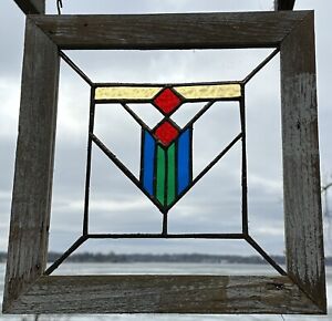 Mission Style Framed Stained Glass Window Red Green Blue Yellow