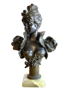 Antique Art Nouveau Womans Bust Decorative Art Statue Cast Spelter Onyx Base