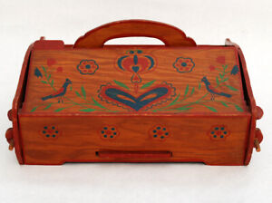 American Folk Art Hand Painted Wood Sewing Trinket Box Pennsylvania Dutch