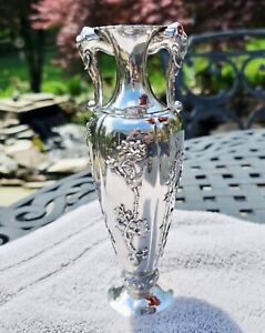 Antique Chinese Export Solid Silver Elephant Handle Vase Blossoms Birds 7 75 