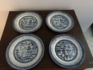 Set Of 4 Antique Canton Blue Painted Chinese Export Plates