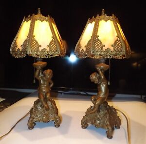 Antique 1900s Art Nouveau Matching Victorian Cherub Stained Slag Glass Lamps Exc
