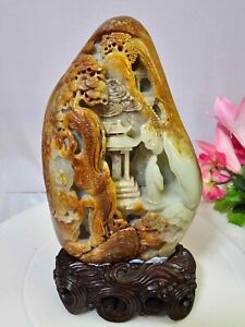 1940 S Chinese Asian Carved Jade Boulder Village Pagoda Trees Heavy 1500g A5