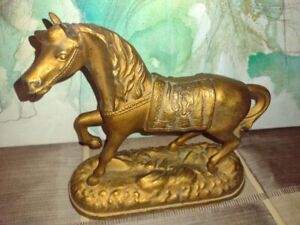 Vintage Antique Heavy Brass Horse Statue Figure On Brass Base 7 3 4 X 8 