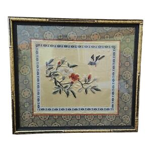 Framed Textile Chinese Oriental Needlework Embroidery On Silk Bird Flowers