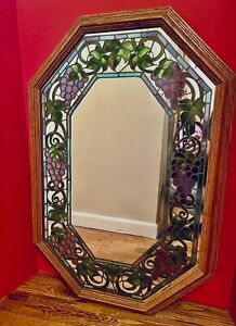 Vintage 1998 Head West Octagon Oak Mirror Stained Glass Style Grapevine Trim 31 