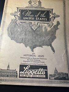 Vintage 1939 Historic Map Of United States Made For Liggetts Drug Stores 25 