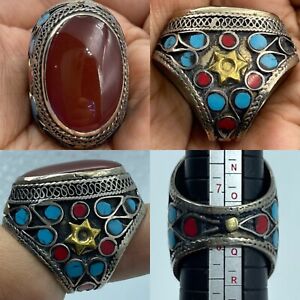 Wonderful Old Afghan Agate Old Silver Rare Unique Islamic Lucky Ring