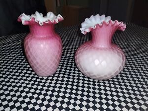 English Diamond Quilted Satan Mother Of Pearl Pink Ruffled Vase 19th Century