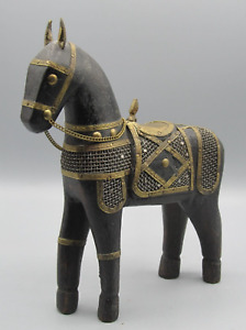 Old Hand Carved Brass Accents Wooden Trojan Horse Statue Collectible India