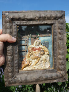 Antique German Folkloric Art Plaque Pieta Ceramic Chalk Behind Glass Statue