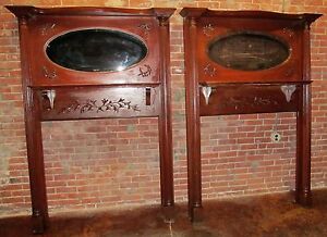 Pair Of Victorian Carved Antique Fireplace Mantles Oval Beveled Glass Mirrors