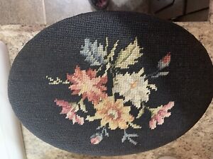 Vintage Oval Needle Point Floral Design Foot Stool 14 X 10 1 2 X 6 1 2 