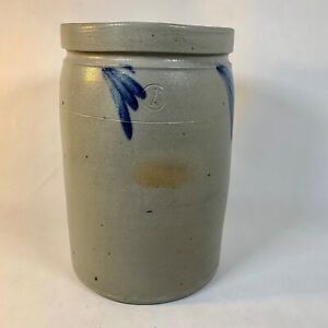Antique Primitive Salt Glaze Cobalt Leaf Decorated Stoneware 1 Gal Canning Jar