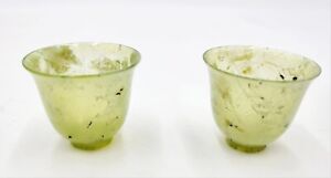 Vintage Chinese Carved Spinach Jade Translucent Altar Cup Tea Sake Set