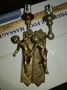Pair Set Of 2 Angel Cherub Solid Brass Antique Wall Sconces Candle Holders
