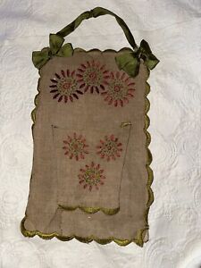 Antique Victorian Embroidered Linen Sewing Wall Pocket