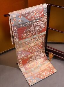 Vintage Japanese Kimono Silk Belt Fukuro Obi Handmade Birds Flowers Pattern