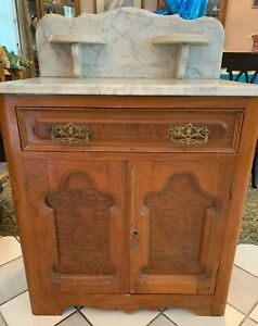 Victorian Marble Top Commode Dresser Wash Stand Side Table Burled Walnut Antique