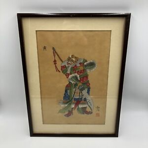 Antique Chinese Rice Paper Painting Early 19th Century Signed Warrior Framed