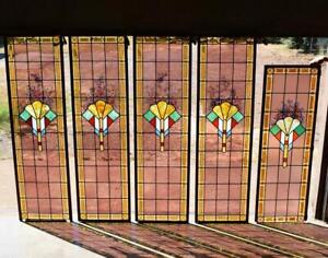 Set Of 5 Antique Stained Leaded Glass Panels With Hand Painted Flowers