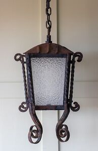 Large French Wrought Iron Hammered Glass Lantern Light Antique 