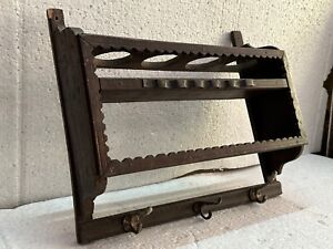 Rare Vintage Hand Made Wooden Wall Hanging Cup Rack For Kitchenware R2