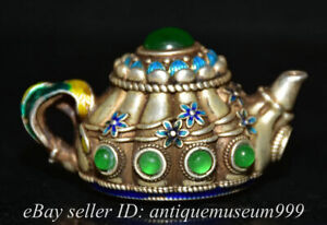 3 2 Old Chinese Silver Inlay Green Gem Dynasty Flower Hand Shank Kettle Tea Set
