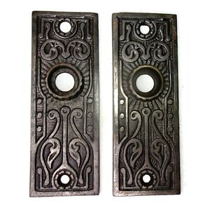 Pair Antique Vintage Victorian Eastlake Ornate Backplates Door Plates Escutcheon