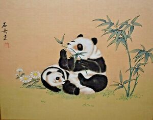 Antique Original Vintage Signed Seal Chinese Silk Panda Bear Watercolor Painting