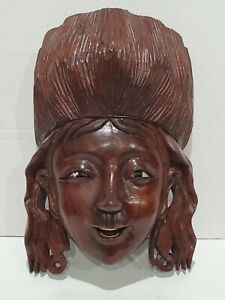 Vtg Large Wooden Carved Chinese Wall Hanging Detailed Mask Woman Face 10 5 