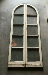 Antique Pair Shabby Arch Top 9 Feet Tall French Doors Chic Vtg White 337 22b