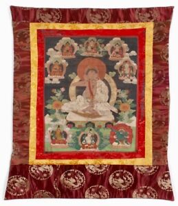 Tibetan Thangka Antique Silk Scroll Of Milarepa Surrounded By Bodhisattvas