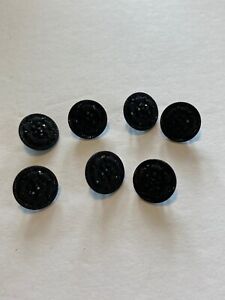 Vintage Lot Of 7 Black Glass Buttons With Embossed Flower Design 1 2 Shank