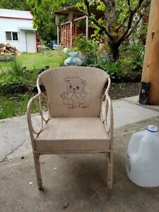 Antique Music Box Seat Child S Chair Rattan Bentwood Wicker Painted Teddy Bear 