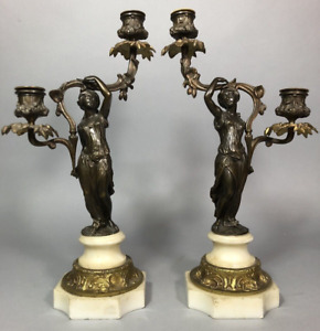 19th Pair Antique French Candlesticks Marble Bronze Candelabra Lady Figures