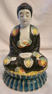 Antique Chinese Famille Rose Buddha Guanyin Porcelain Figure Black Robe Satsuma