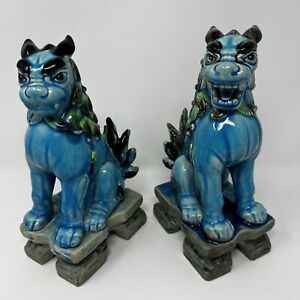 Vintage Mid Century Japanese Komainu Liondogs Ceramic Turquoise Green Glaze