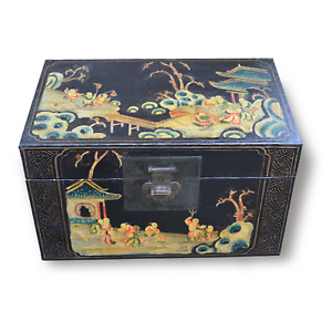 Antique Chinese Sangxi Painted And Lacquered Wooden Small Chest Late Qing