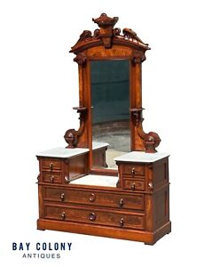 Antique Victorian Burled Walnut Marble Top Dresser With Fine Shell Carved Mirror