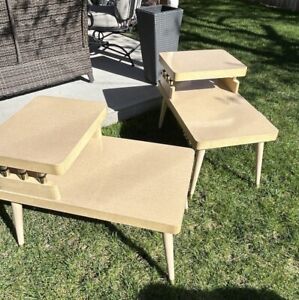 Vintage Mcm Mid Century Modern Side End Tables Blonde Wood Brass Feet Two Layer