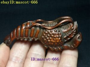 L 3 2 Inch Chinese Boxwood Hand Carved Lobster Shrimp Statue Netsuke Collection