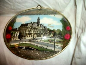 1920s Paris France Souvenir Tours Print Convex Glass Dried Flowers Tin Frame