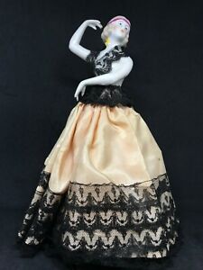 German Porcelain Pin Cushion Lamp Shade Half Doll Orange Satin Dress Black Lace