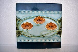 Antique Tile Art Nouveau Majolica Ceramic Porcelain England Floral Design I101