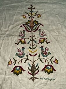 Antique Crewel Embroidered Hand Made Fabric Drapery Panel 23x29